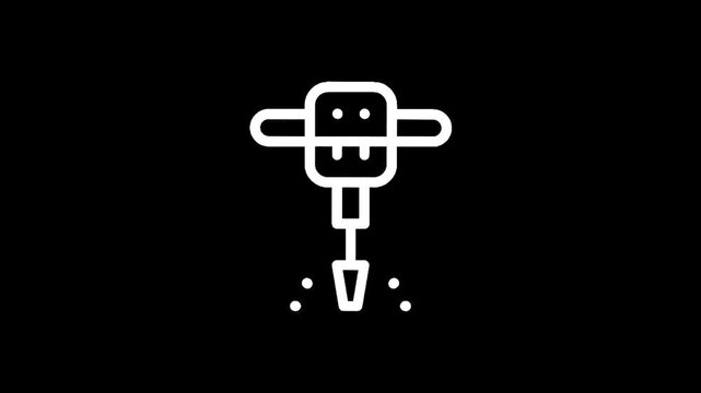 White line icon of a jackhammer breaking concrete on a black background