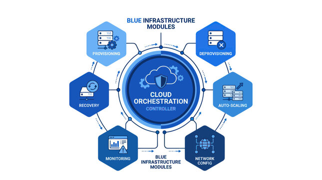 Cloud orchestration controller diagram showing blue infrastructure modules