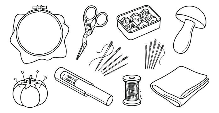 Embroidery and sewing kit line art icons, needlework tools collection with scissors and thread, 10 hand drawn craft elements vector set