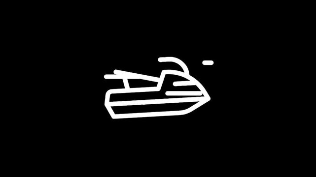 Simple white line art icon of a jet ski on a black background