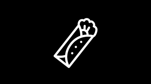 Simple white line art icon of a burrito on a black background