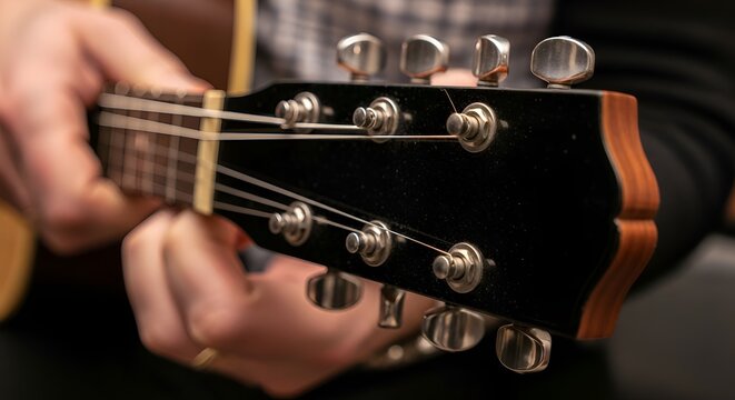 Close-up of guitar headstock with strings and tuning pegs