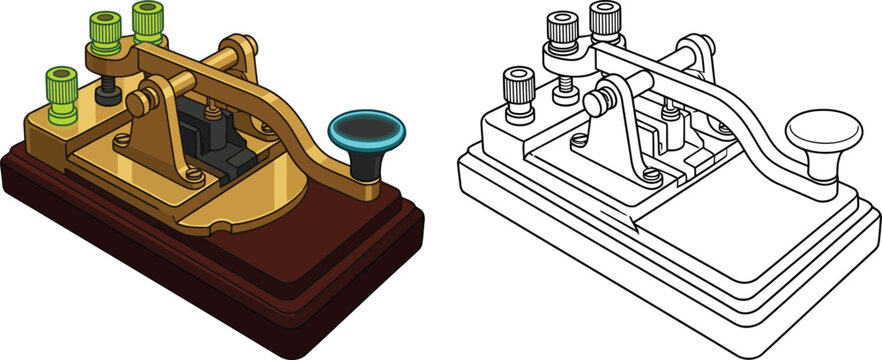 Vintage Morse code telegraph key antique communication device illustration isolated on white background for historical or technology concepts