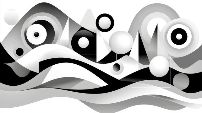 Abstract geometric sketch in black graphite lines, monochrome waves, circles, triangles, and spheres create dynamic, modern, and energetic composition with futuristic feel