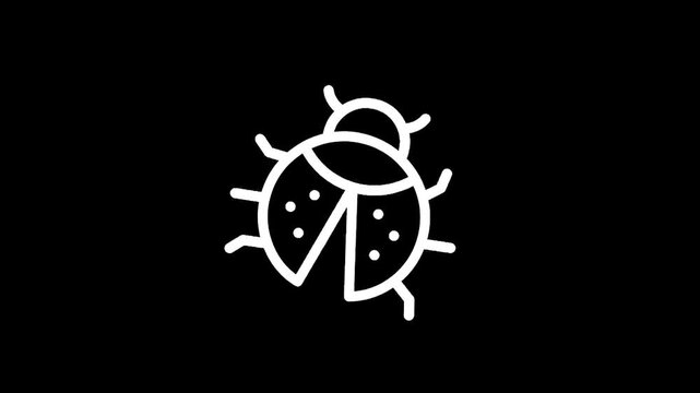 Simple white ladybug icon on a black background, minimalist design