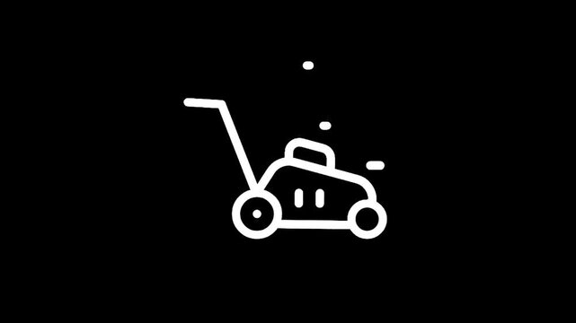 Simple white line art icon of a lawn mower on a black background
