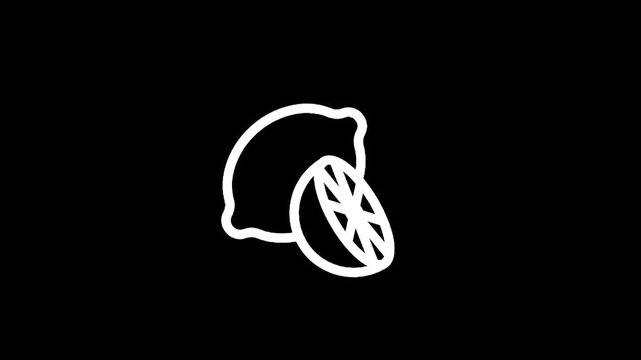 Simple white line art icon of a whole lemon and a half lemon on a black background