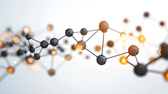 Abstract geometric network structure with black graphite lines and glowing orange nodes, representing molecular connection, science, and technology innovation