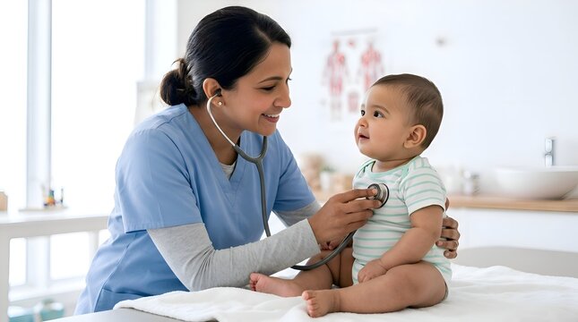 Pediatrician using stethoscope to examine happy baby in modern clinic