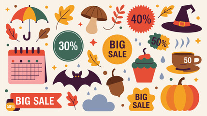 Fototapeta premium Autumn sale icons with colorful leaves, mushrooms, an umbrella, a bat, and big sale discount stickers with prices.