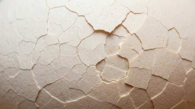 Macro close up of a cracked white eggshell texture showing intricate fractures and broken patterns for food industry background or fragile concept design