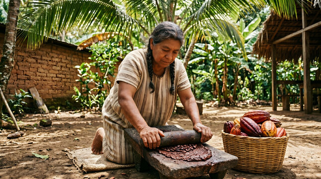 An indigenous woman grinds roasted cacao beans on a traditional stone metate outdoors in a tropical village near a basket of pods.