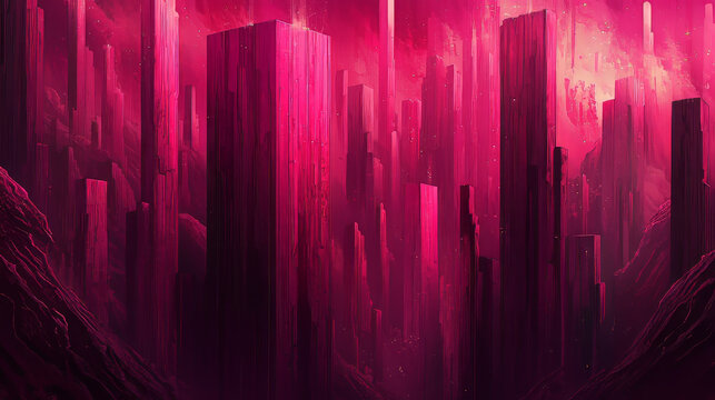 Futuristic pink cityscape with tall abstract isometric blocks glowing atmosphere surreal landscape vertical structures digital art vibrant mysterious imaginative fantasy environment