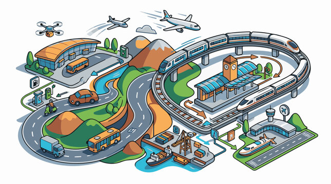 A colorful illustration of a transportation system with roads trains and airplanes
