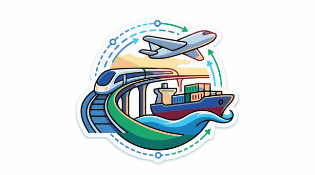A colorful illustration of a train ship and airplane in a circular motion