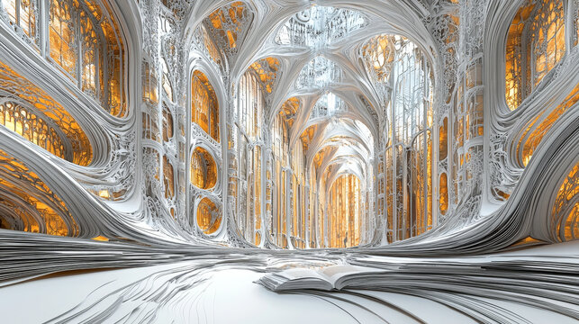 Futuristic cathedral interior with intricate white layered curves, golden stained glass, high vaulted ceilings, and surreal architectural details, evoking awe and wonder