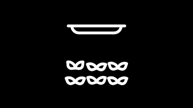 Simple line art icon of a tray with six masquerade masks arranged below it