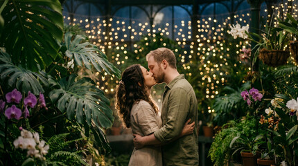 Fototapeta premium Romantic young couple sharing a passionate kiss while embracing in a lush botanical greenhouse surrounded by monstera plants and shimmering fairy lights.