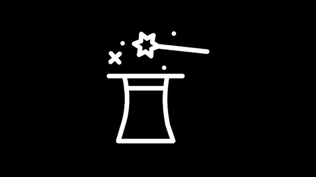 White line art icon of a magic hat with a wand and sparkles on a black background