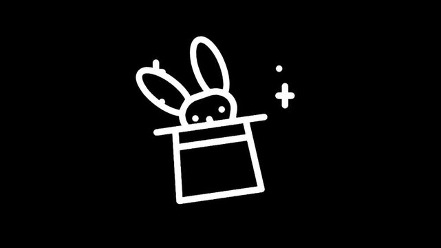 Simple white line drawing of a rabbit emerging from a magic hat on a black background