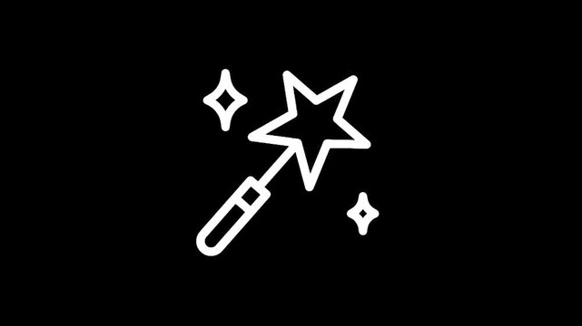 Simple white magic wand with star and sparkles on black background icon
