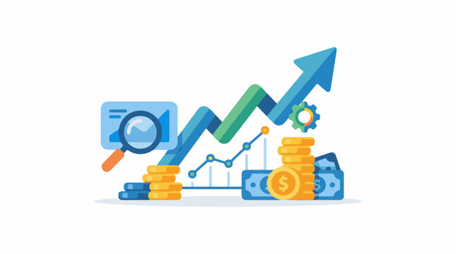 A colorful illustration depicting a growing trend with a blue and green line graph stacks of coins and a magnifying gl