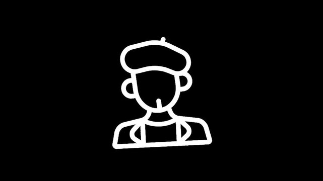 Simple line art icon of a person wearing a beret and an apron