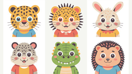 Naklejka premium Set of six adorable cartoon animal faces including a leopard, tiger, rabbit, lynx, crocodile, and hedgehog against a white background.