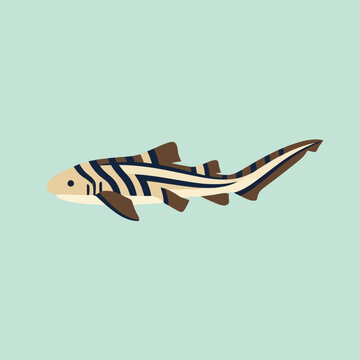A cute zebra shark swims in a pale blue ocean