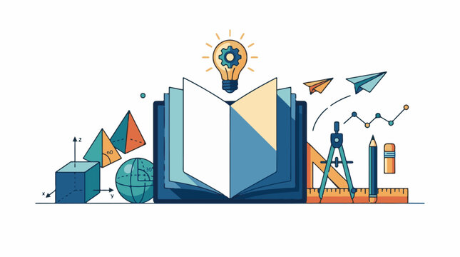 A colorful illustration of an open book with various school supplies and geometric shapes