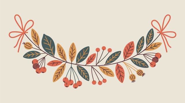 Symmetrical autumn garland made of brown, orange, and green leaves with red berries tied at each end with a simple red ribbon bow.