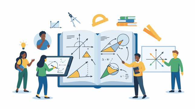 A colorful graphic illustration of four diverse students and various mathematical objects