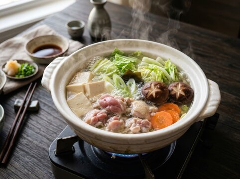 Steaming Japanese Nabe Hot Pot with Chicken, Tofu, and Vegetables Simmering in a Ceramic Bowl