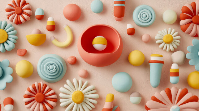 Colorful clay flower, sphere, and abstract shape arrangement, pastel background, playful and cheerful mood, creative mockup layout, top view composition