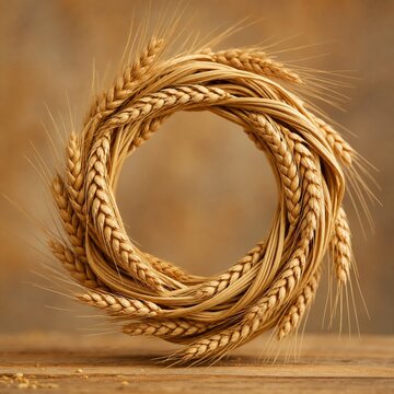 Interwoven wheat sheaves forming a circular pattern in golden harvest tones.