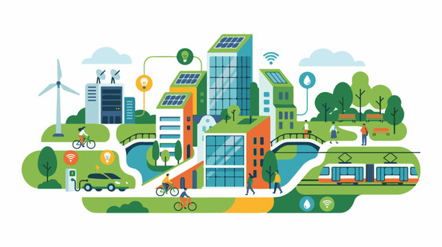 A colorful illustration of a sustainable city with green spaces renewable energy sources and eco-friendly transportati