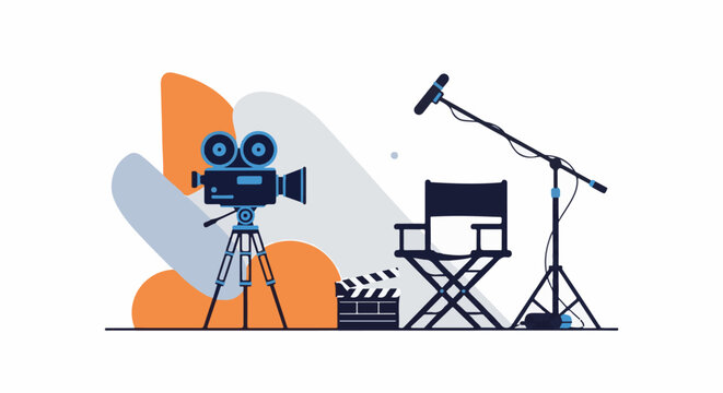 A vintage camera, director's chair, and microphone stand evoke a film production scene