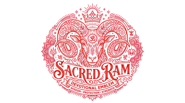 Sacred ram devotional emblem with wisdom protection and strength text