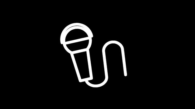 Simple white outline of a microphone with a coiled cord on a black background