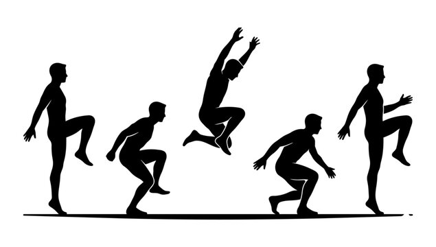 Jumping athlete sequence captured in energetic silhouette poses for a doodle line sports set