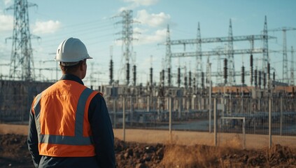 Fototapeta premium Construction worker in reflective vest and hard hat observing power station equipment at sunset, with power lines in backdrop