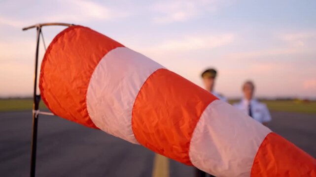 Two pilots stand confidently on the runway, displaying their professionalism against the backdrop of a serene sunset, with a windsock adding a dynamic element to the scene.