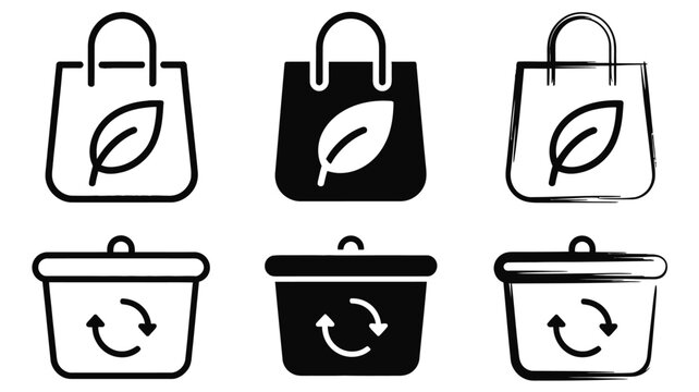 Eco-friendly icons, reusable shopping bags and recycling bins, leaf and recycle arrow symbols, environmental conservation signs, sustainability vector illustration