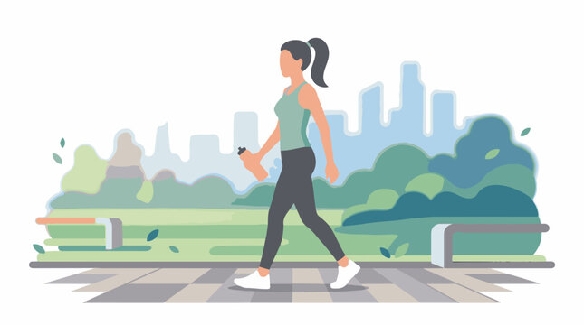 A woman in athletic wear walks on a sidewalk with a city skyline and park in the background