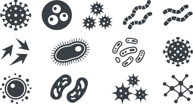 Minimalist Virus and Bacteria Vector Icon Set Featuring Various Microbe and Parasite Designs for Medical Graphics