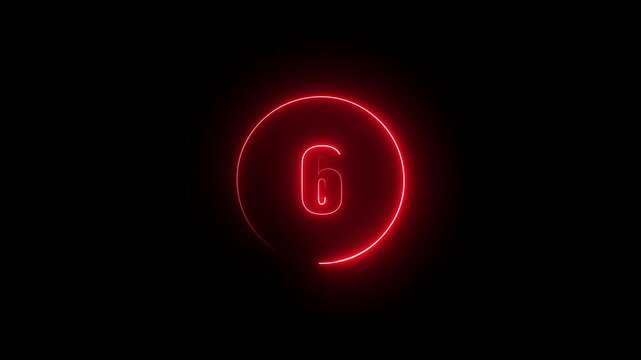 Futuristic neon red countdown timer animation on a computer monitor screen, digital countdown clock from 1 to 10 with circular progress bar.