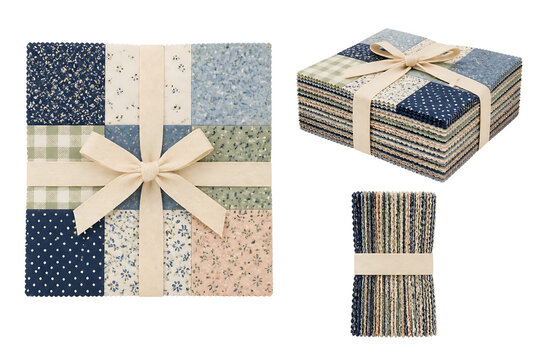 Three wrapped gift boxes of various patterned fabrics are shown, isolated on transparent background.