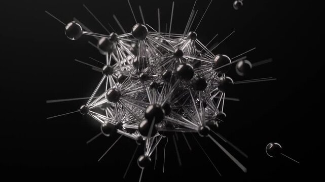 Frenetic atomic structure 100 mp4 style high speed motion graphics display 3d animation 3d video vj abstract rendering with silver spheres and lines