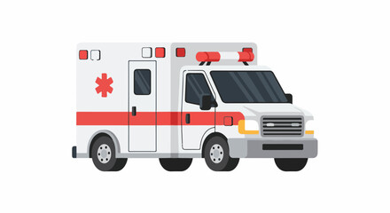 Fototapeta premium A white ambulance with red lights and a red stripe