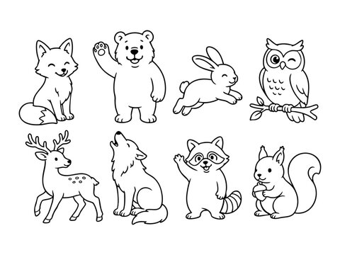 Cute Woodland Animals Collection Fox, Bear, Rabbit, Owl, Deer, Wolf, Raccoon, Squirrel